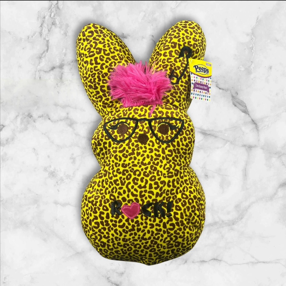 Peeps Emo Bunny Plush Yellow Cheetah Print Pink Hair Rocker Glasses 15" 2024 NWT